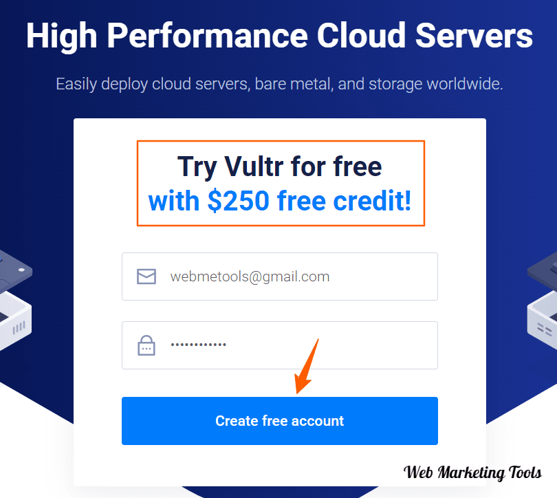 Vultr 250 Credit Sign up form Vultr Free Credit 250 Sign-up-form
