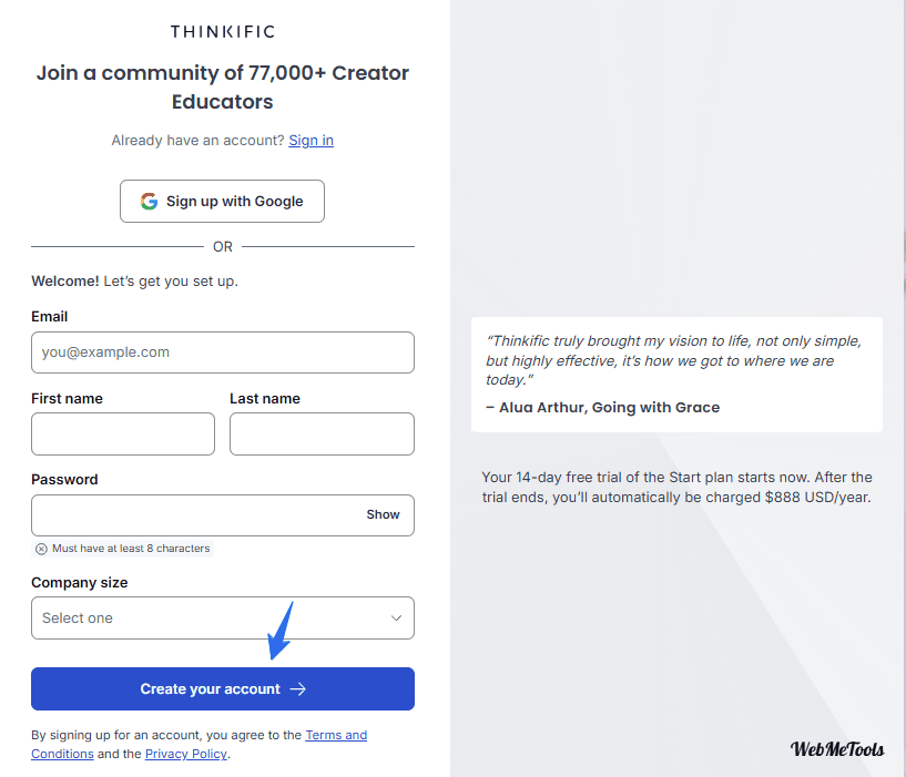 Thinkific Trial Sign up form Thinkific Trial Sign up form