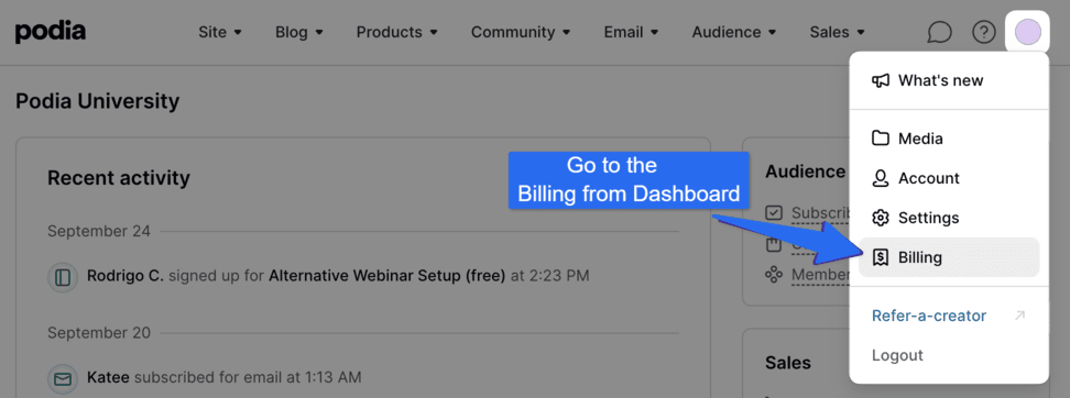 Podia go to Billing Podia-go-to-Billing