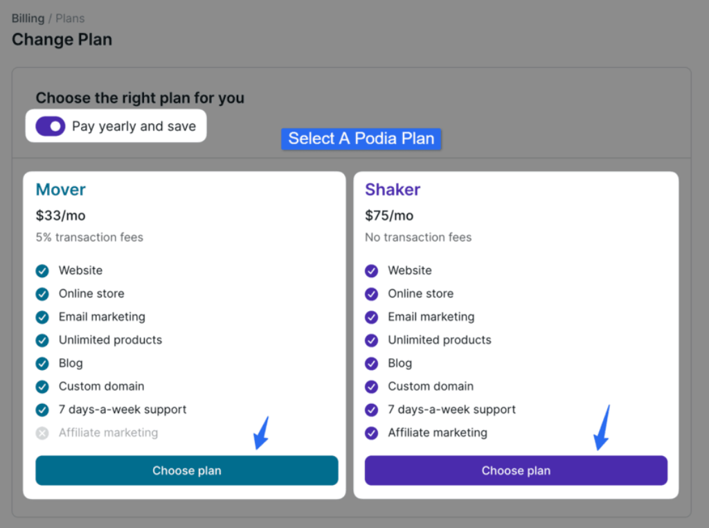 Podia select a plan Podia-select-a-plan