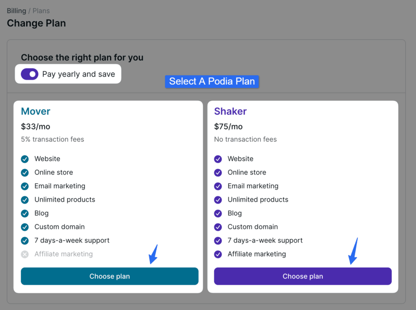 Podia select a plan Podia-select-a-plan