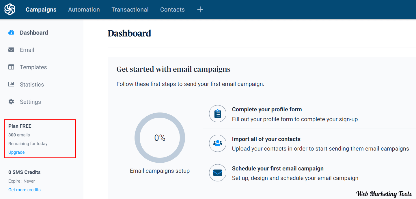 Sendinblue Dashboard Free Plan Account.png Brevo (Formerly Sendinblue) Free Trial, Start Brevo Free Plan